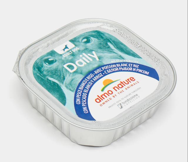 Almo Nature Daily kattalar itlar uchun oq baliq va guruchli jele shaklidagi ovqat, 100 g