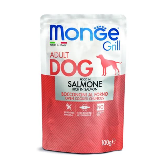MONGE DOG — katta yoshdagi itlar uchun nam oziq (paouch), Grill seriyasi, losos baliq bo‘laklari bilan, 100 g