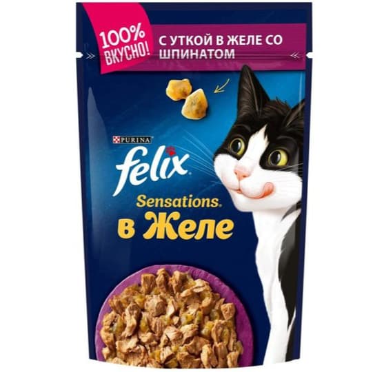 Felix Sensations nam ovqat, o‘rdak go‘shti va ismaloqli jele, kattalar mushuklar uchun, 75 g