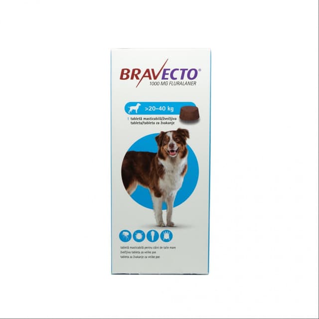 BRAVECTO 1000 mg chaynash tabletkasi, 20–40 kg og‘irlikdagi itlar uchun