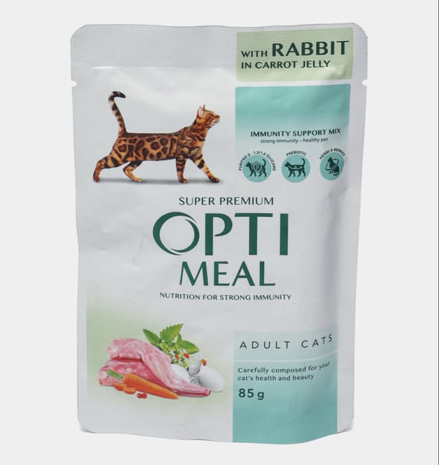 Optimeal kattalar mushuklar uchun quyon go‘shti va sabzi jeleda, 85 g