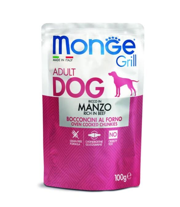 MONGE DOG — katta yoshdagi itlar uchun nam oziq (paouch), Grill seriyasi, mol go‘shti bo‘laklari bilan, 100 g
