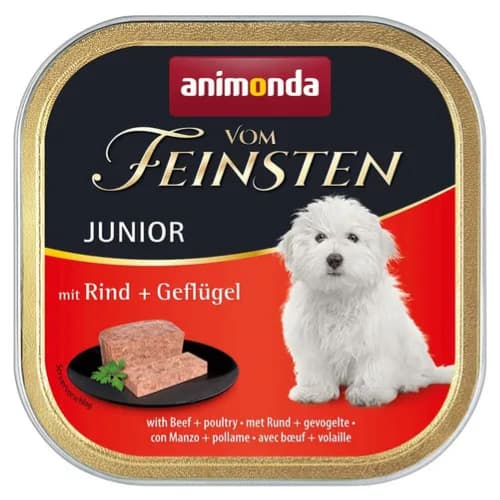 ANIMONDA DOG — kuchukchalar uchun nam oziq "Vom Feinsten Junior", parrandalar va kurka yurakchalari bilan, lamister qadoqda, 150 g