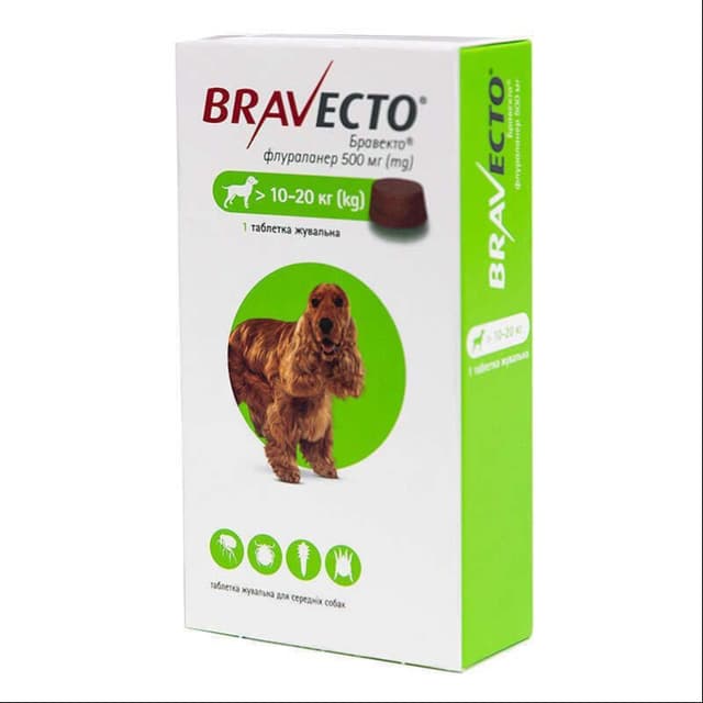 BRAVECTO 500 mg chaynash tabletkasi, 10–20 kg og‘irlikdagi itlar uchun